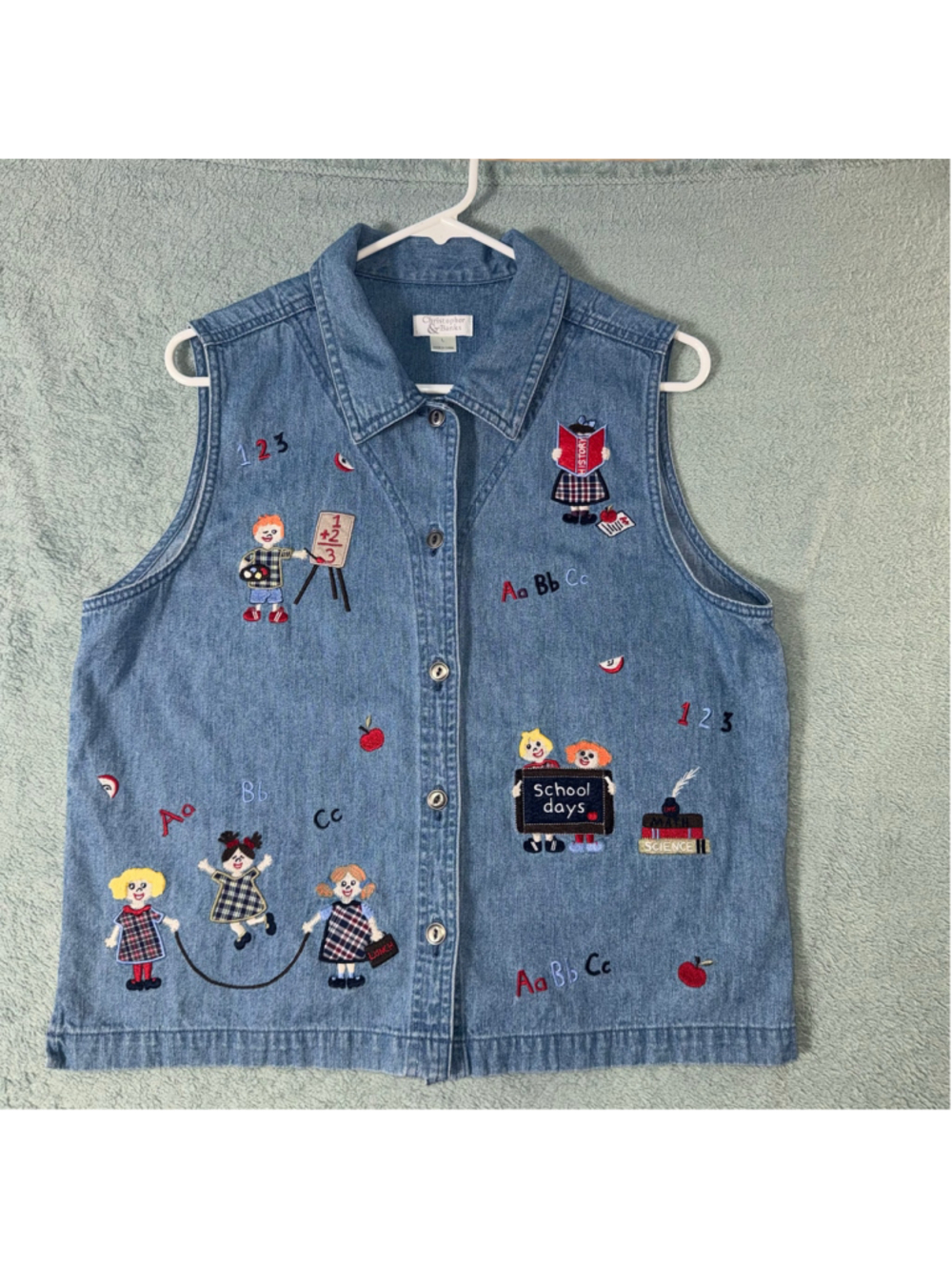 Vintage Christopher & Banks Denim School-Themed Embroidered Vest Sz L Blue Y2K